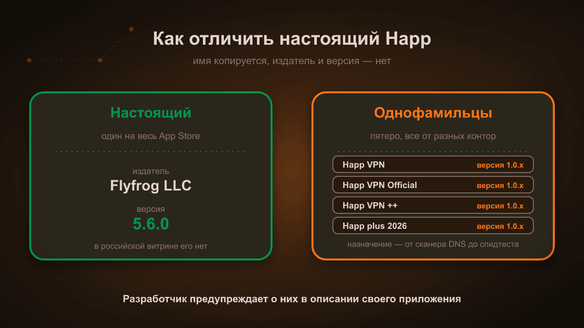 Схема: слева настоящее приложение — издатель Flyfrog LLC, версия 5.6.0, в российской витрине его нет. Справа пять однофамильцев от разных издателей, у всех версия 1.0.x