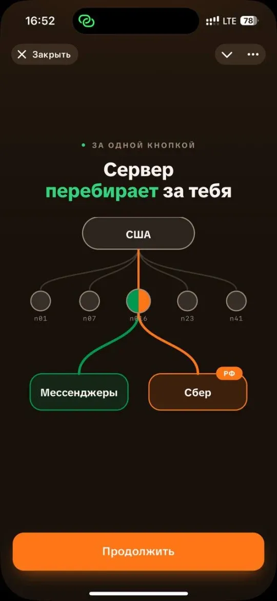 Мини-приложение MeerGuard в Telegram: экран «Сервер перебирает за тебя», мессенджеры уходят через узел в США, Сбер помечен как РФ