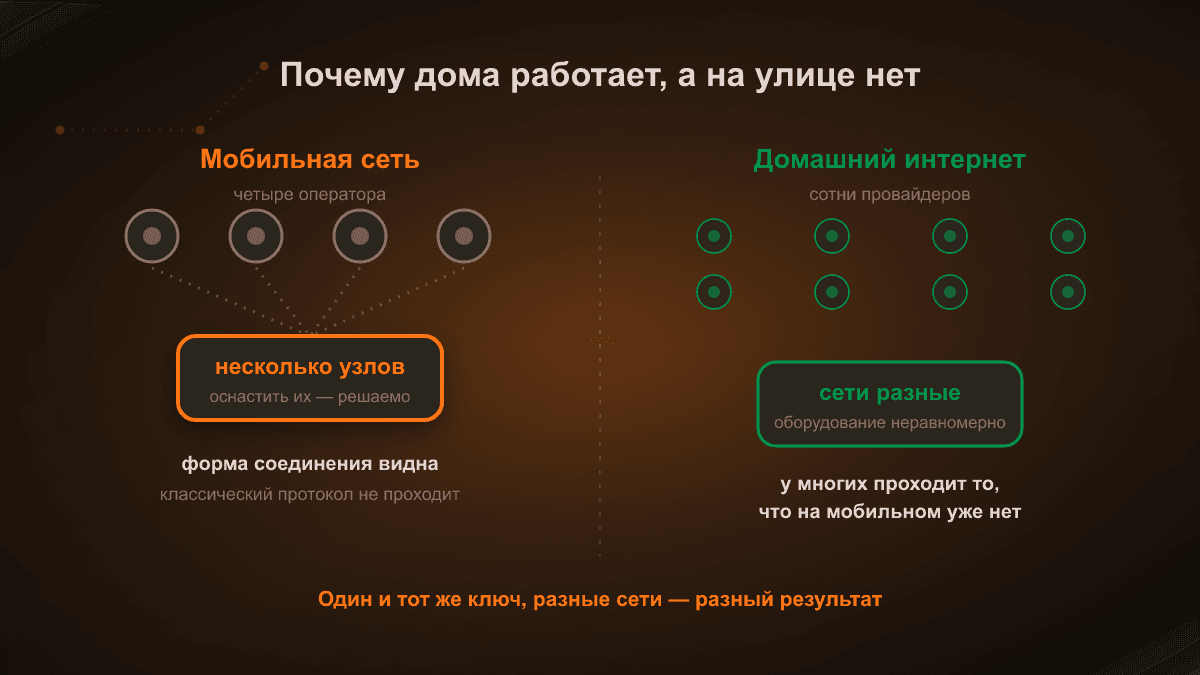 Схема: мобильный трафик идёт через несколько центральных узлов оператора, домашний — через сотни независимых провайдеров, поэтому фильтрация в этих сетях разная