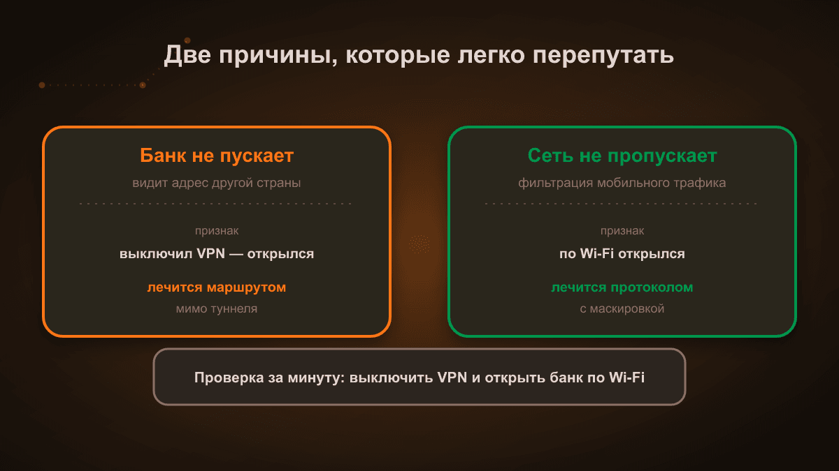 Схема: две причины отказа. Слева банк не пускает, потому что видит адрес другой страны — лечится маршрутом мимо туннеля. Справа мобильная сеть не пропускает соединение — лечится подключением с маскировкой, признак: по Wi-Fi всё работает