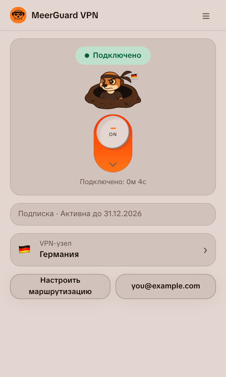 Окно VPN-расширения MeerGuard для Chrome с переключателем подключения